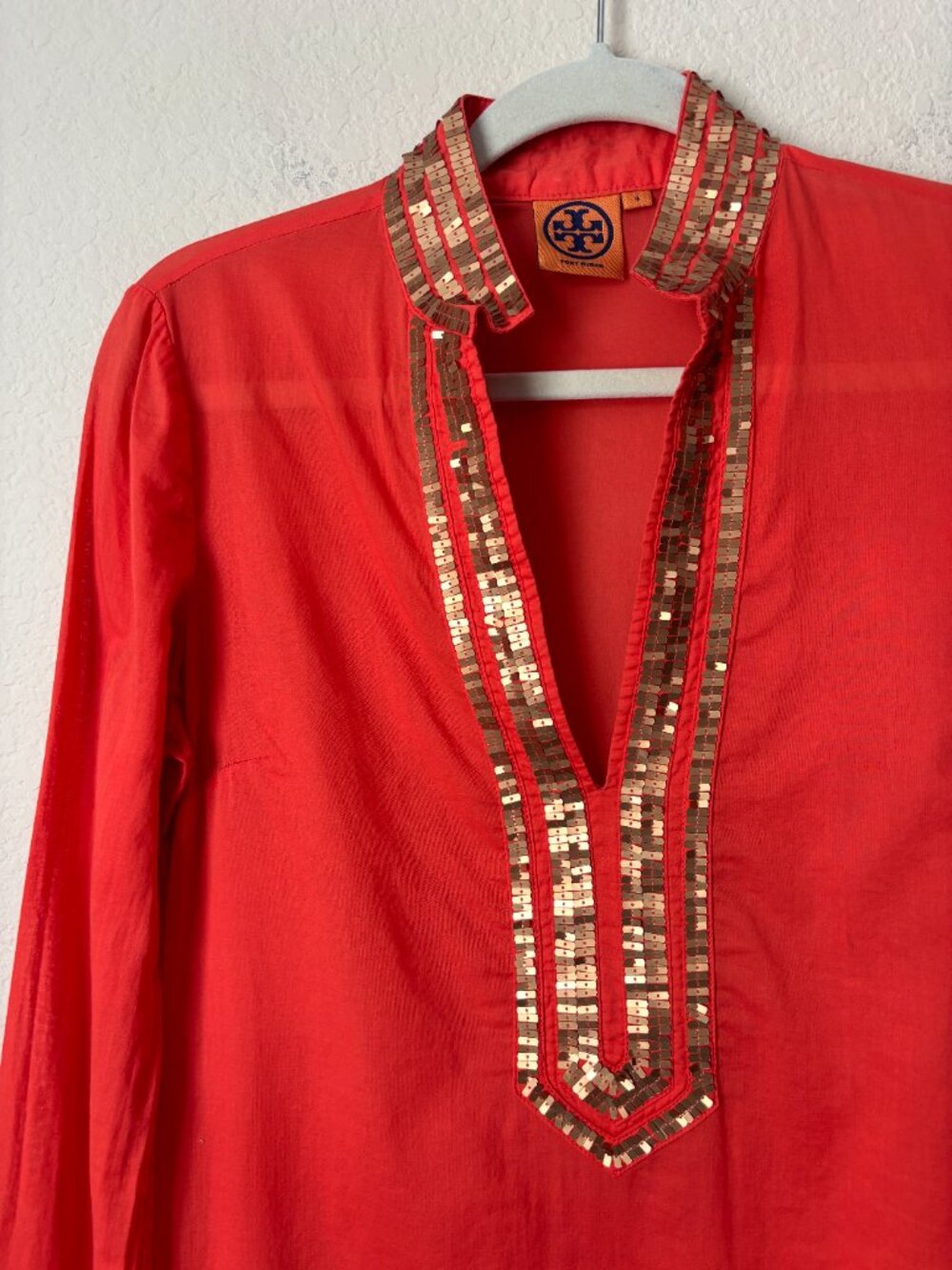 Tory Burch Gold Sequins V-Neck Orange Longline Caftan Tunic - Picture 3 of 13